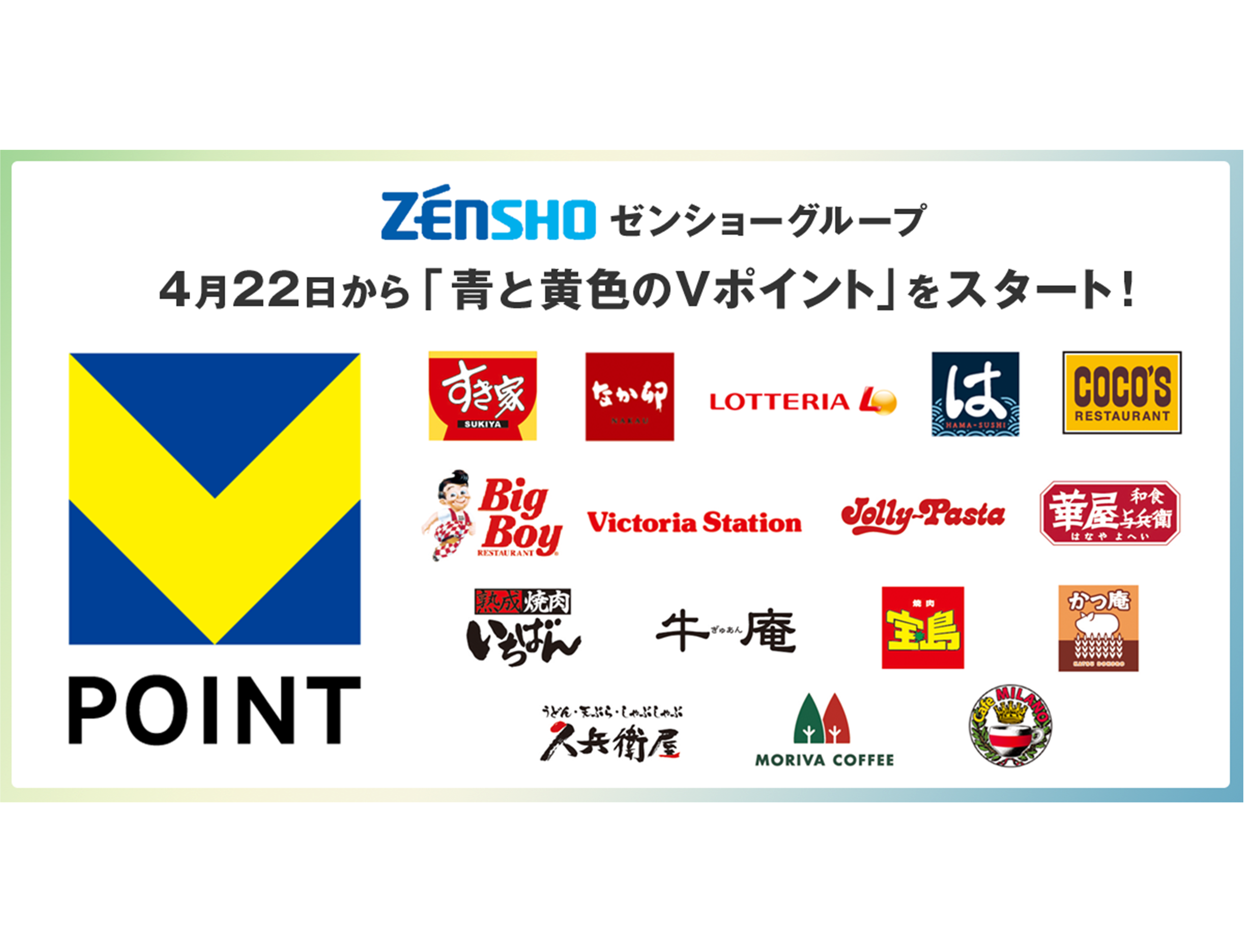 ゼンショーグループの4,177店舗にて、4月22日から「青と黄色のVポイント」を導入！｜ニュース｜CCC カルチュア・コンビニエンス・クラブ株式会社