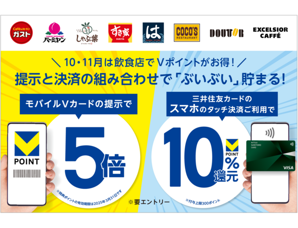 【10月・11月は飲食店でVポイントがぶいぶい貯まる！】「モバイルVカード提示」で5倍＆「三井住友カードのスマホのタッチ決済」で最大10％還元されるダブルキャンペーンを開催！