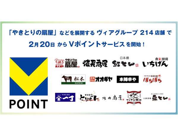 「やきとりの扇屋」などを展開するヴィアグループ214店舗で2月20日よりVポイントサービスを開始！